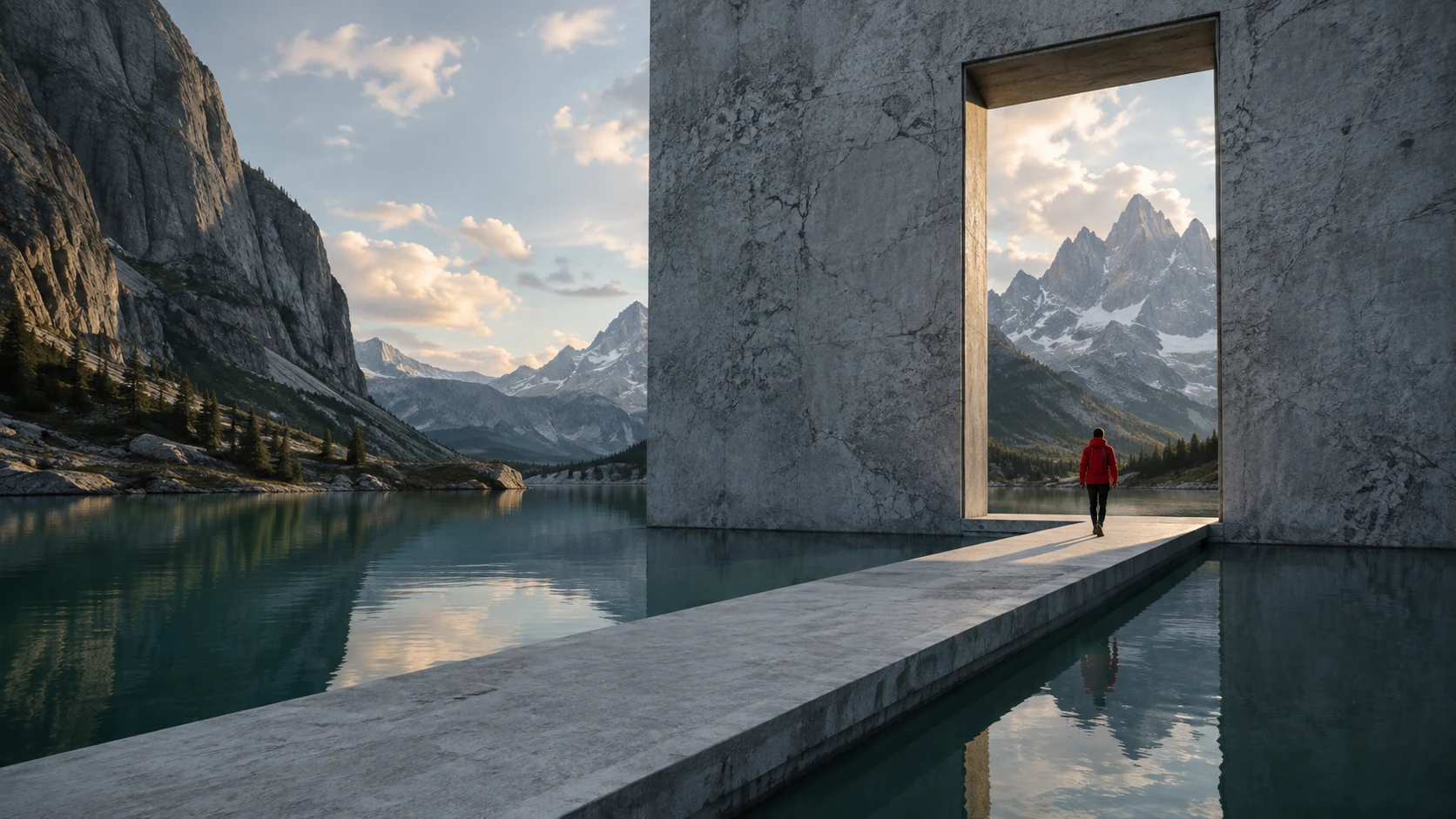 Concept frame of an explorer approaching a mountain portal